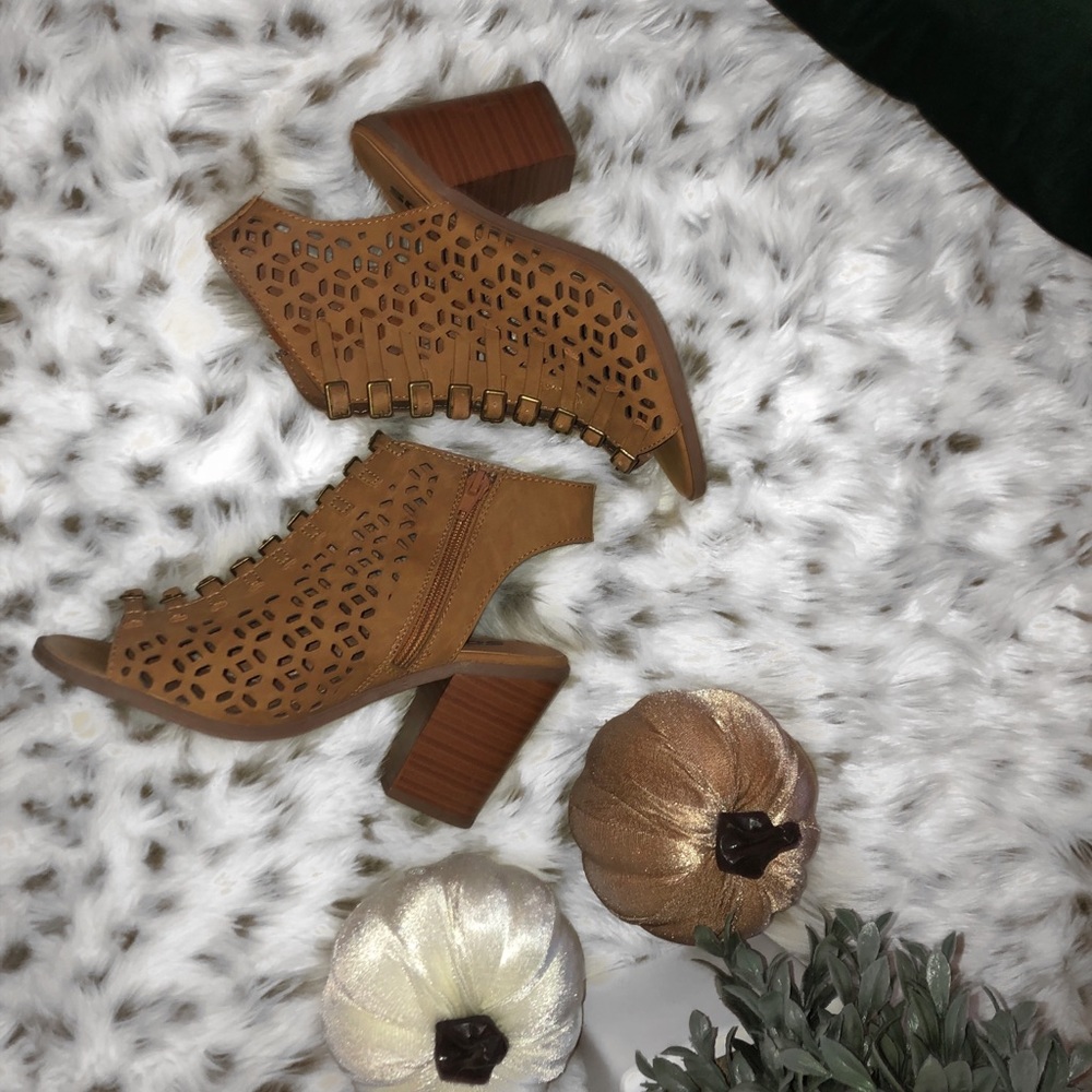 Open toe block heel booties